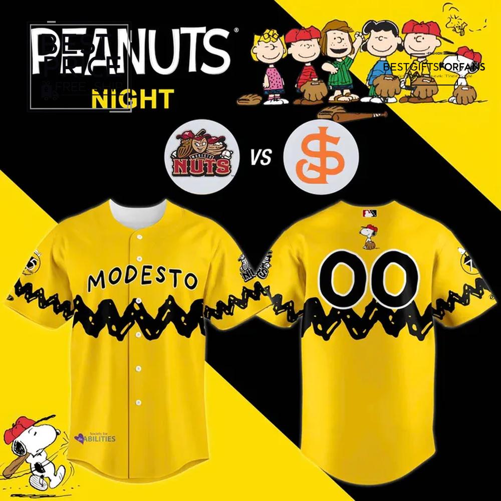 Modesto Nuts Peanuts Night Limited Edition Baseball Jersey Modesto Nuts Peanuts Night Limited Edition Baseball Jersey